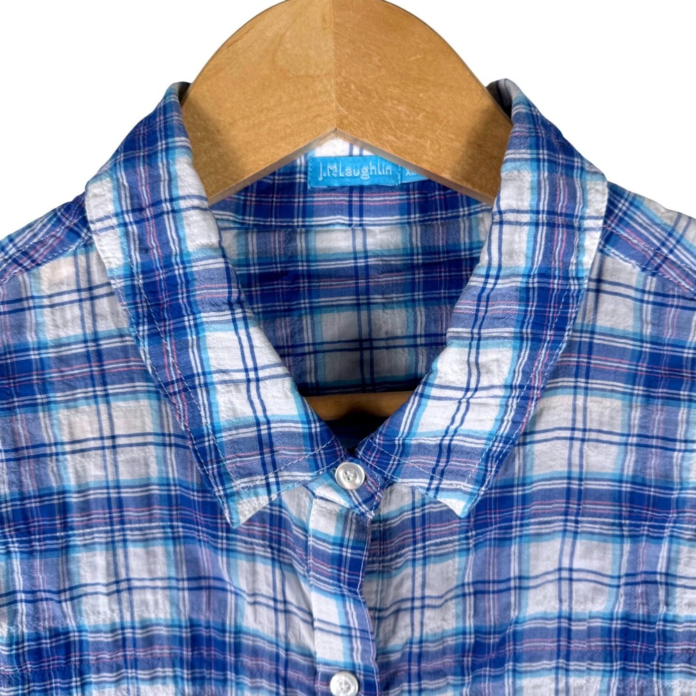 J.McLaughlin Plaid Seersucker Button Down Shirt Womens XL Blue White